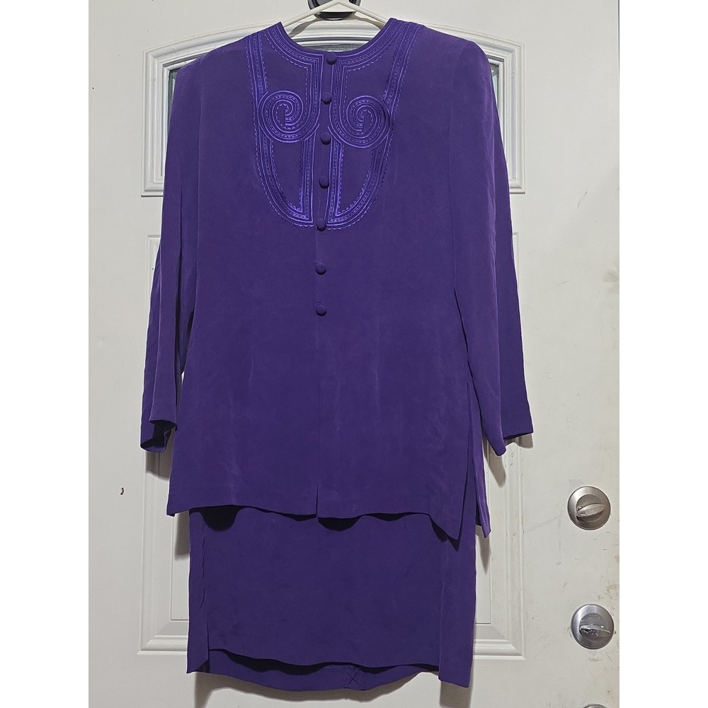 Vintage Adrianna Papéll 100% Silk Dress Purple Lagenlook Embroidered Front sz 12
